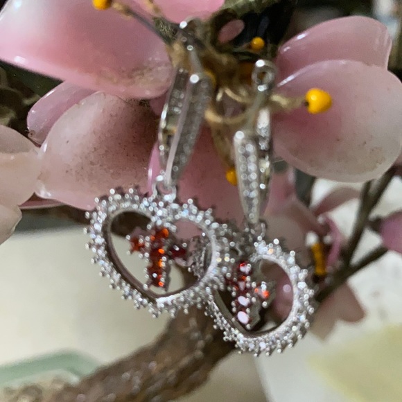 Vintage 925 heart cross ruby and CZ earring